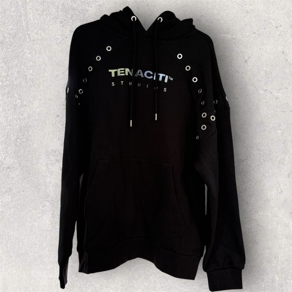 Tenaciti Studios Hoodie - Black Grommet Streetwear Pullover - Size Large